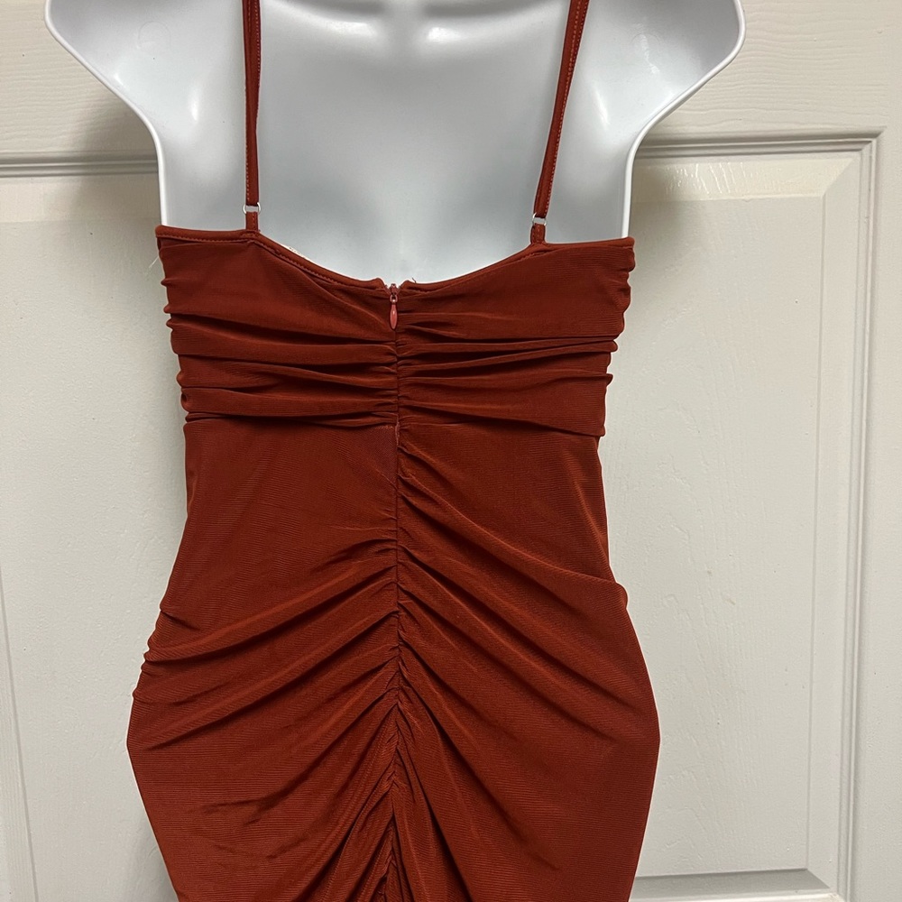 Spring Haze Rust Sheer Ruched Asymmetrical Maxi Dress - Picture 11 of 12
